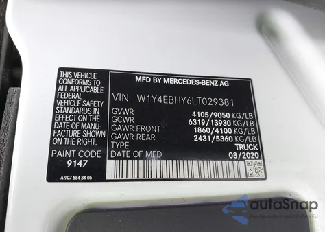 2020 Mercedes-Benz Sprinter 2500 Standard Roof V6 from USA, damaged, VIN W1Y4EBHY6LT029381